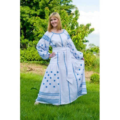 Boho Style Ukrainian Embroidered Maxi Broad Dress White with Blue Embroidery